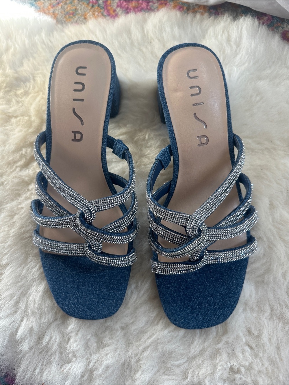 Unisa Denim Rhinestone Sandals Womens 7 Blue Block Heel Open Toe New - Picture 2 of 9